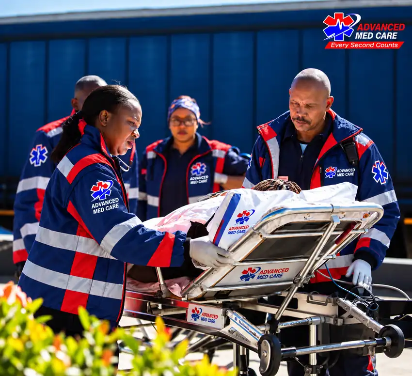 Advanced Med Care paramedics completing a patient transfer