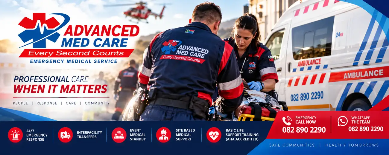 Advanced Med Care emergency medical service team and ambulance